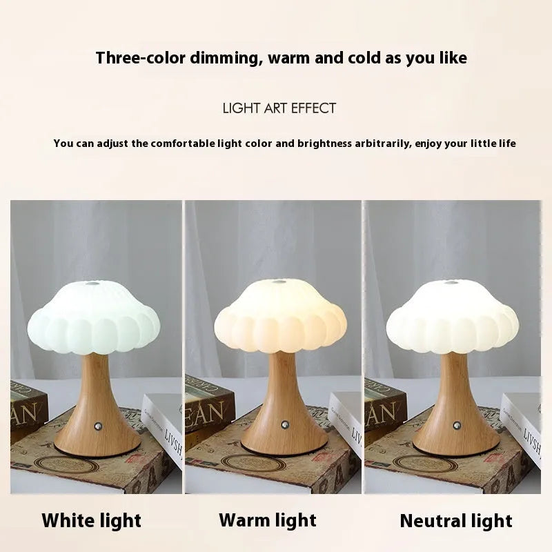 Mushroom-shaped touch control night lamp with USB charging in wood grain finish