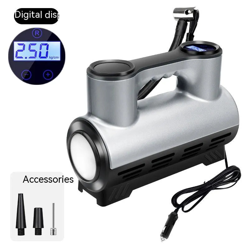 12V portable car air pump with digital display and three air nozzles on black ABS housing