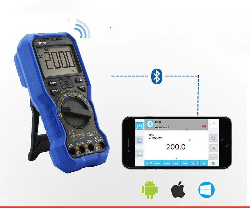 Handheld digital multimeter with display, dial, and test leads for electrical testing.