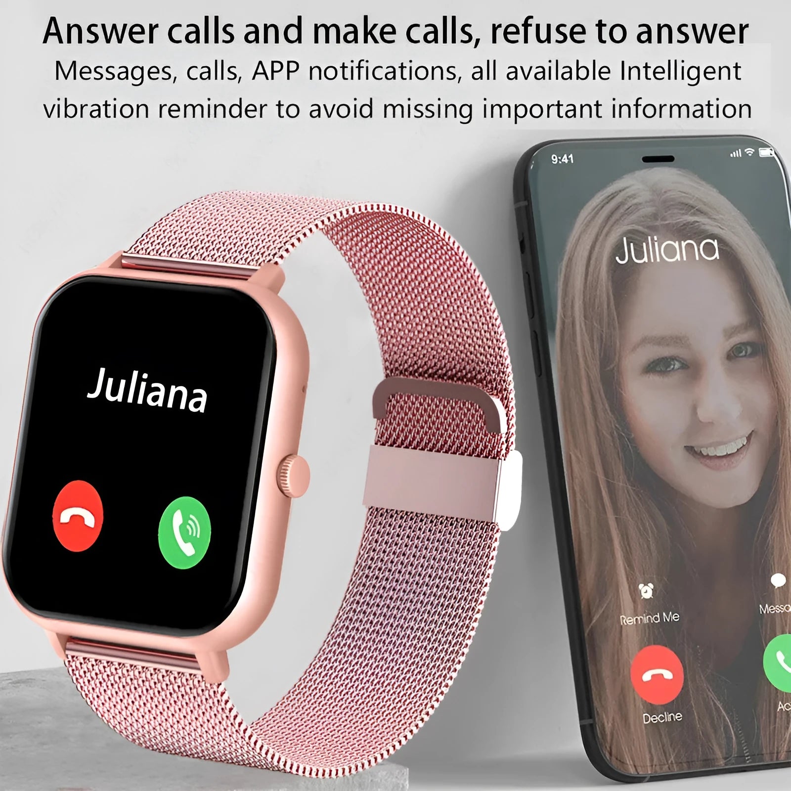 Smart watch with AMOLED screen showing health metrics including heart rate and blood oxygen levels