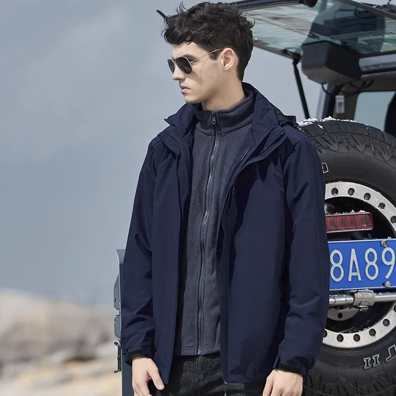 Men's black removable layer waterproof mountaineering suit jacket and trousers set for outdoor sports