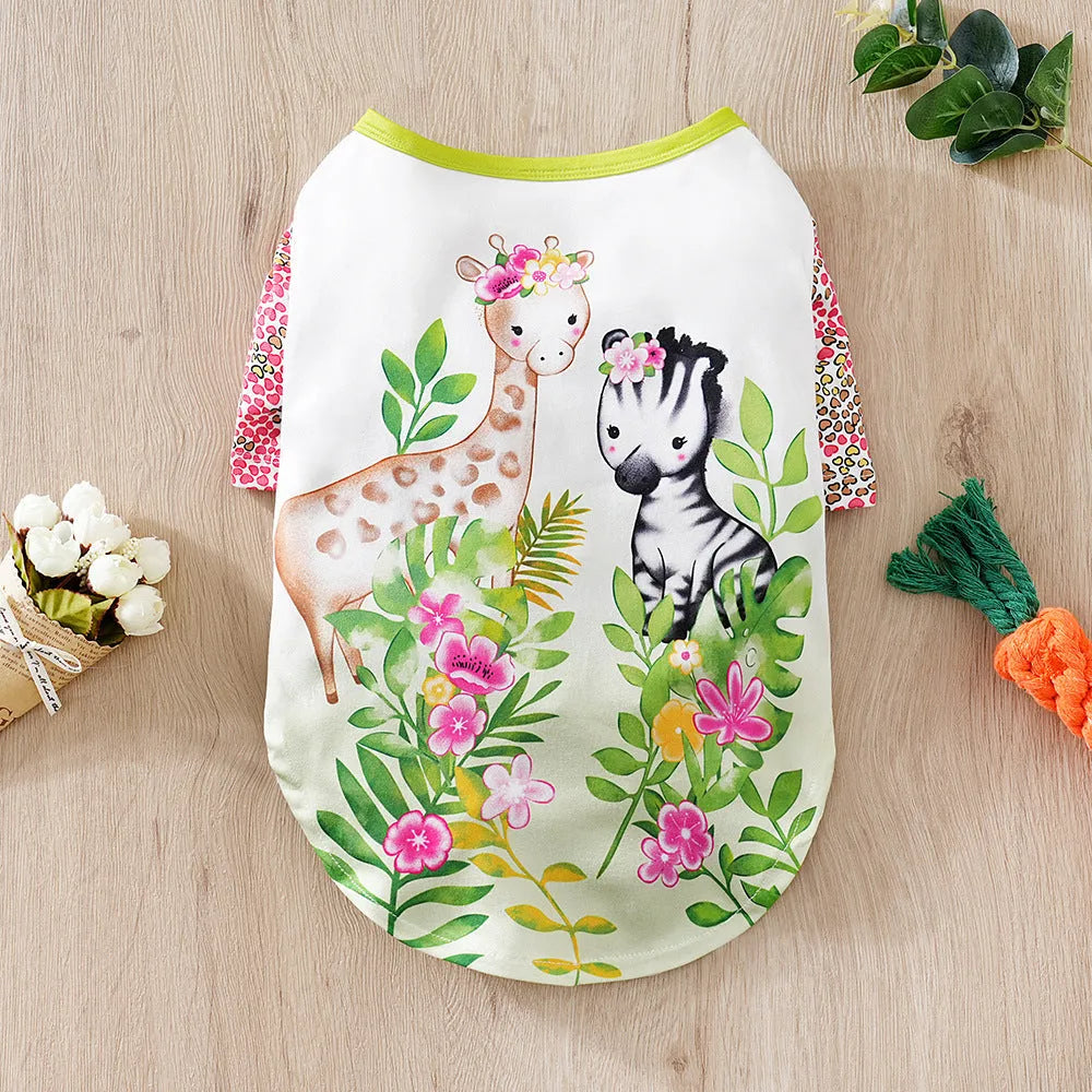 Full printed polyester t-shirt for small dogs in various colours, showing size chart for S, M, L, XL, XXL.
