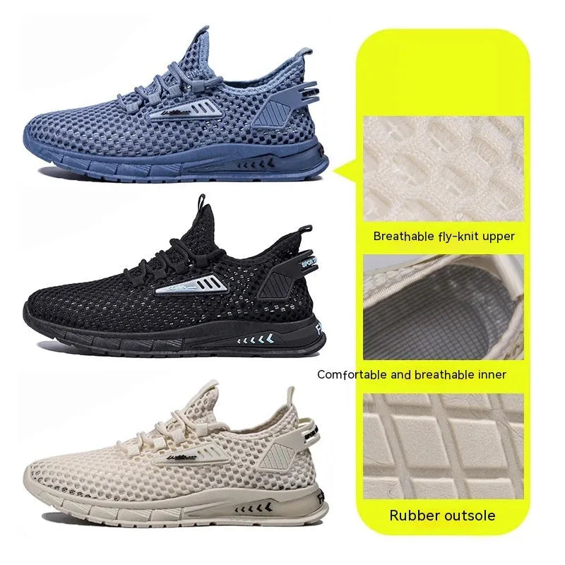 Men's beige mesh and synthetic leather sneaker with lace-up front and low flat heel