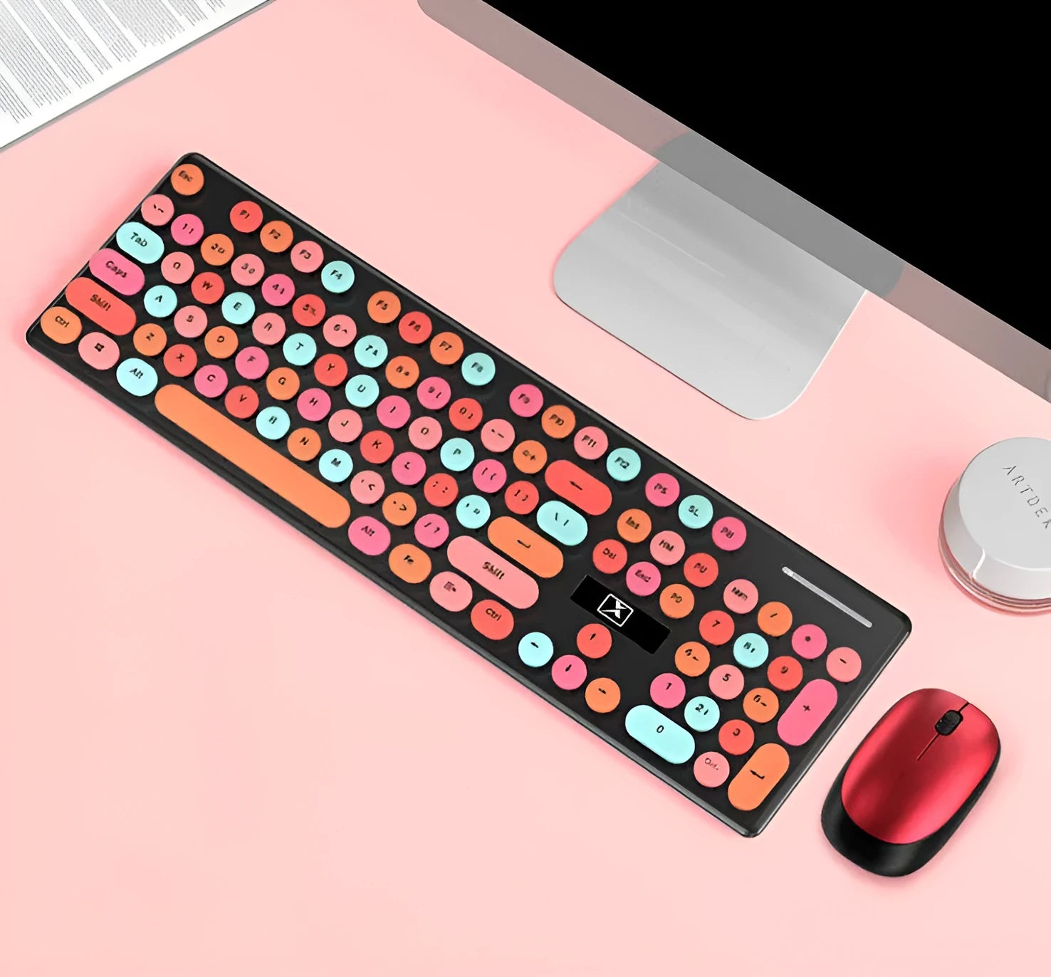 Wireless yellow keyboard and mouse set with USB connections on desktop