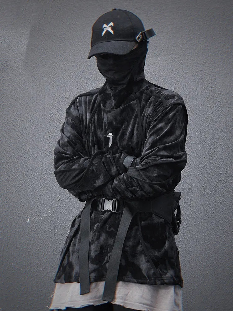 Men's black tie-dye printed pullover sweater with turtleneck collar and drop-shoulder sleeves