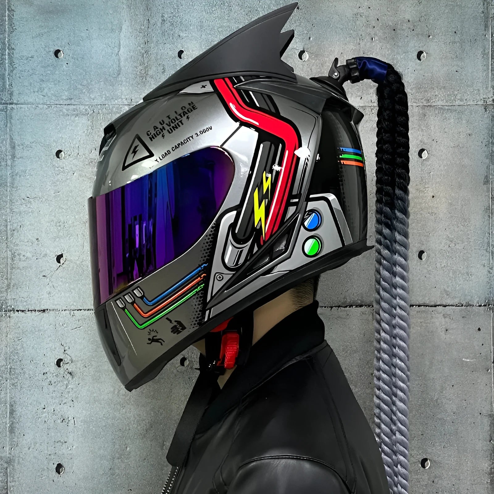 Couples motorcycle helmets with graphic designs in black, blue, and grey colours