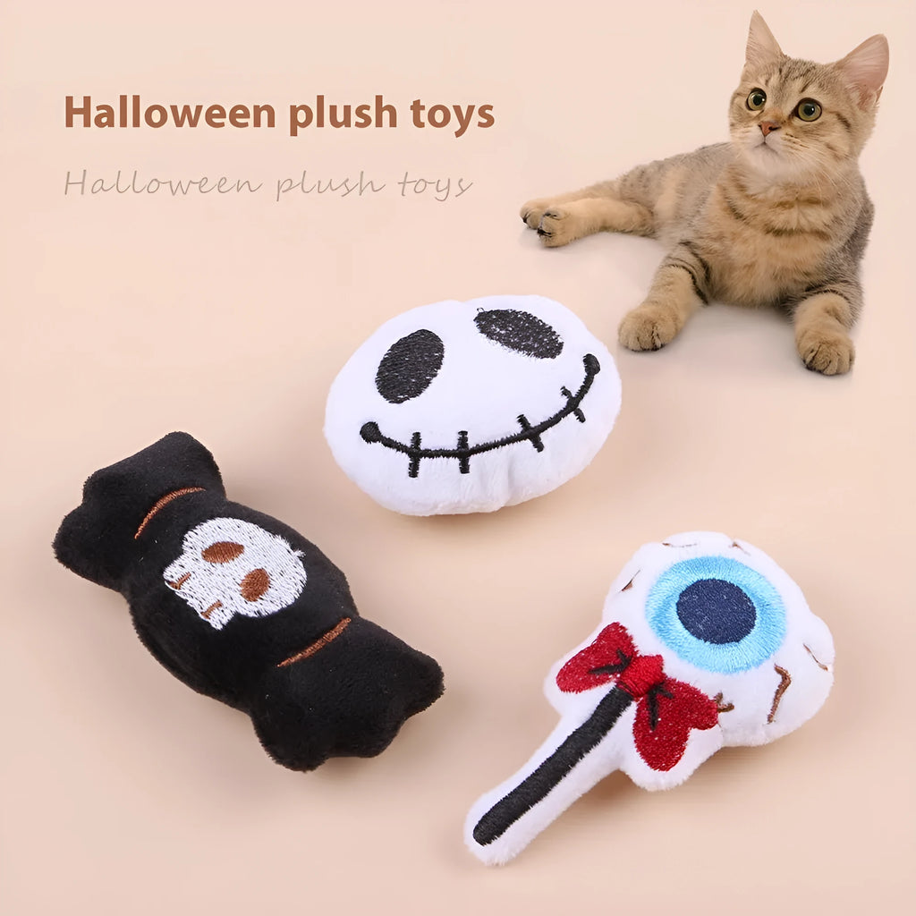 Plush cat teaser toy with long wand handle and small eyes design attachment