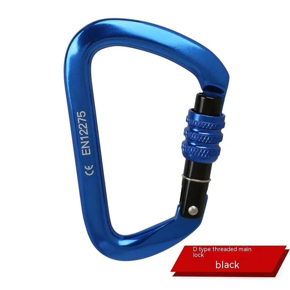 D-type metal climbing safety lock with a choice of automatic or threaded gate, shown in multiple colours.