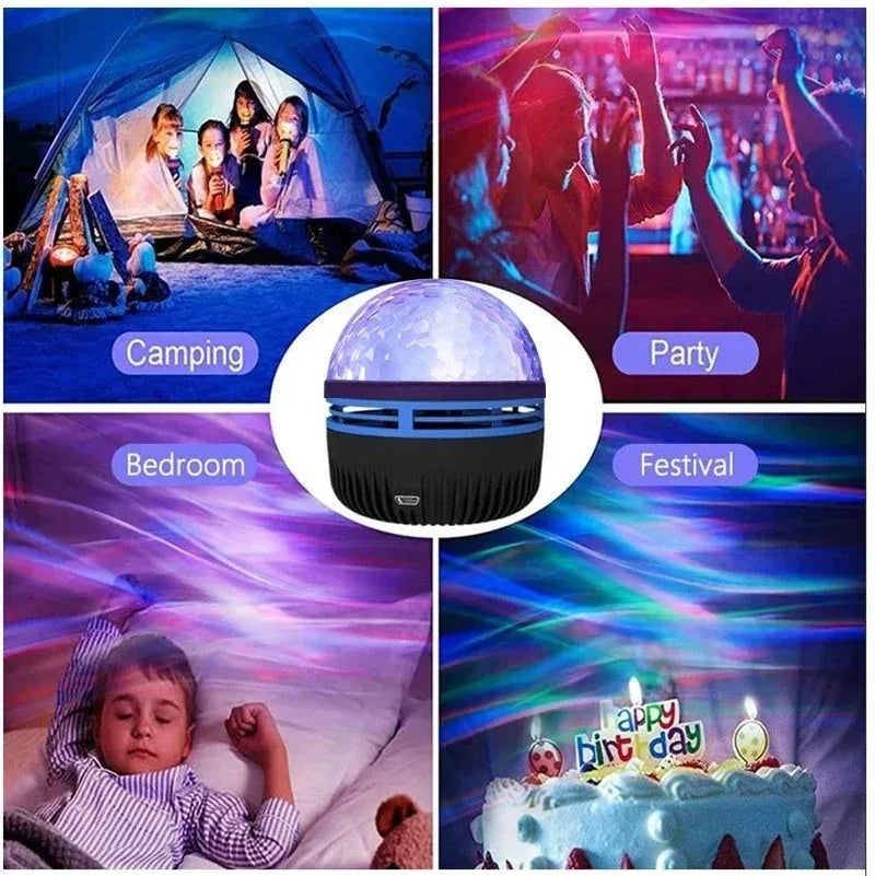 USB LED star projector lamp showing rotating light patterns for bedroom atmosphere