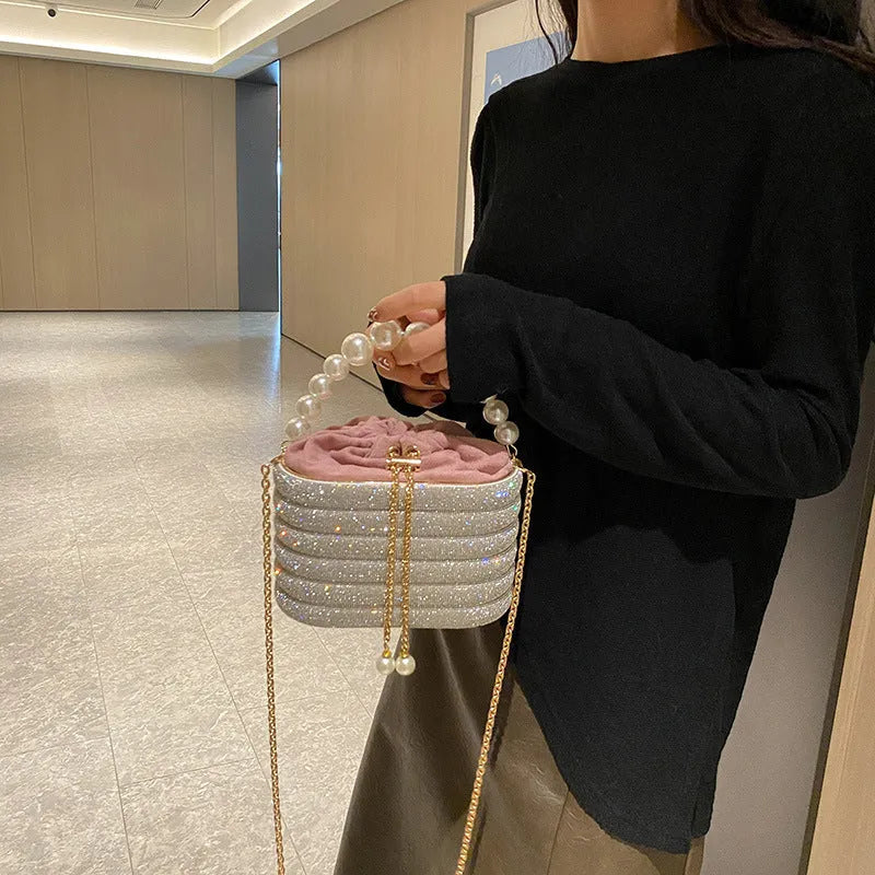 Women's soft PU crossbody bag with beaded decoration in European retro style, showing interior zipper compartment