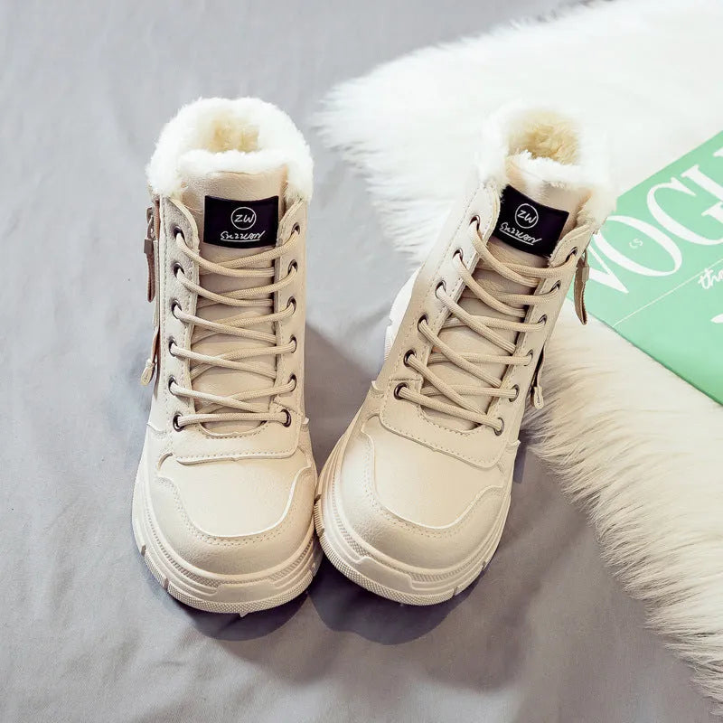 Women's plus size tall snow boots with lace-up front and fleece lining in khaki colour
