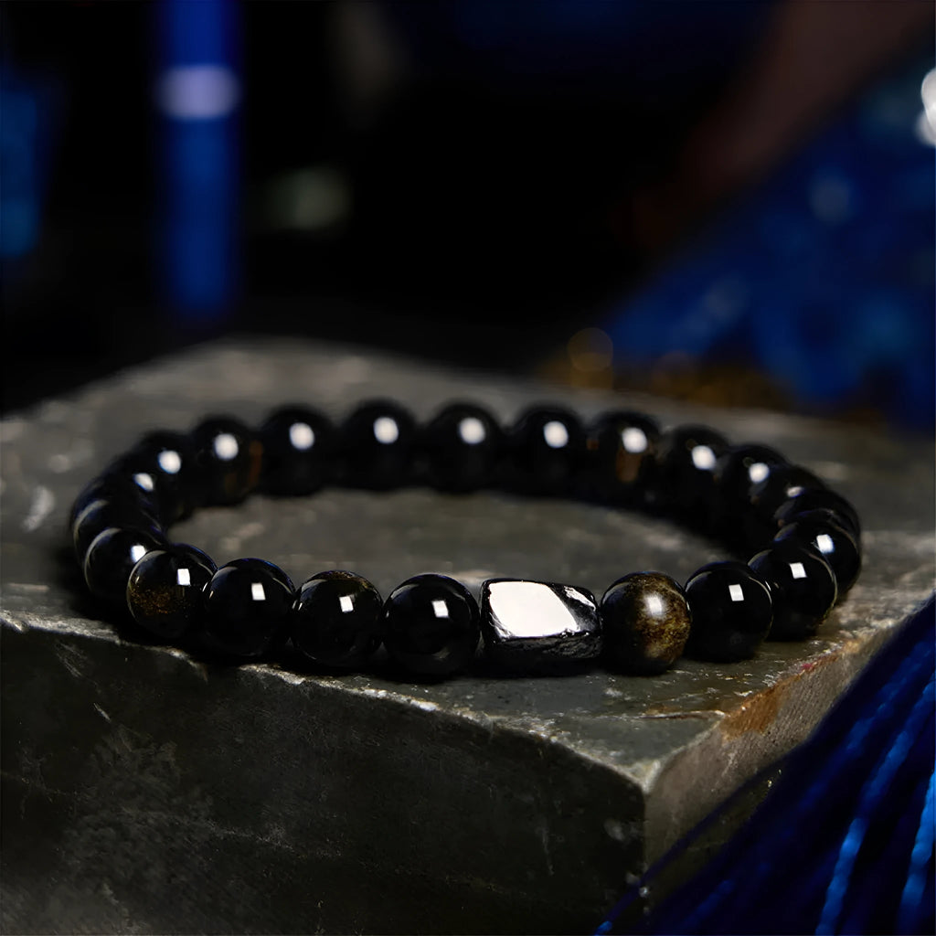 Natural obsidian single ring bracelet with 8mm constellation beads in gold, blue, or green stone variants