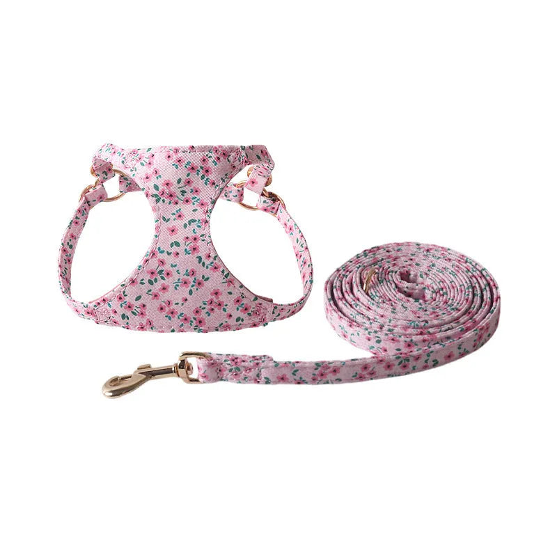 Floral pattern cloth pet harness with leash in orange colour showing single chest back design