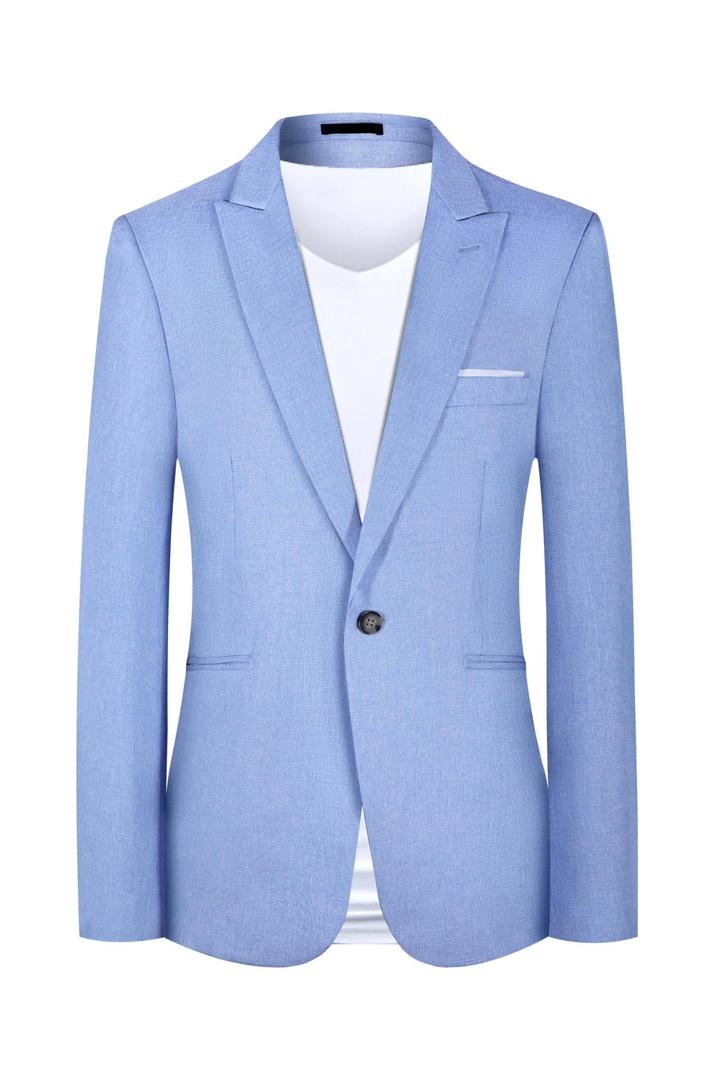 Men's light blue Western style suit jacket showing front view with Asian sizing options