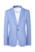 Men's light blue Western style suit jacket showing front view with Asian sizing options