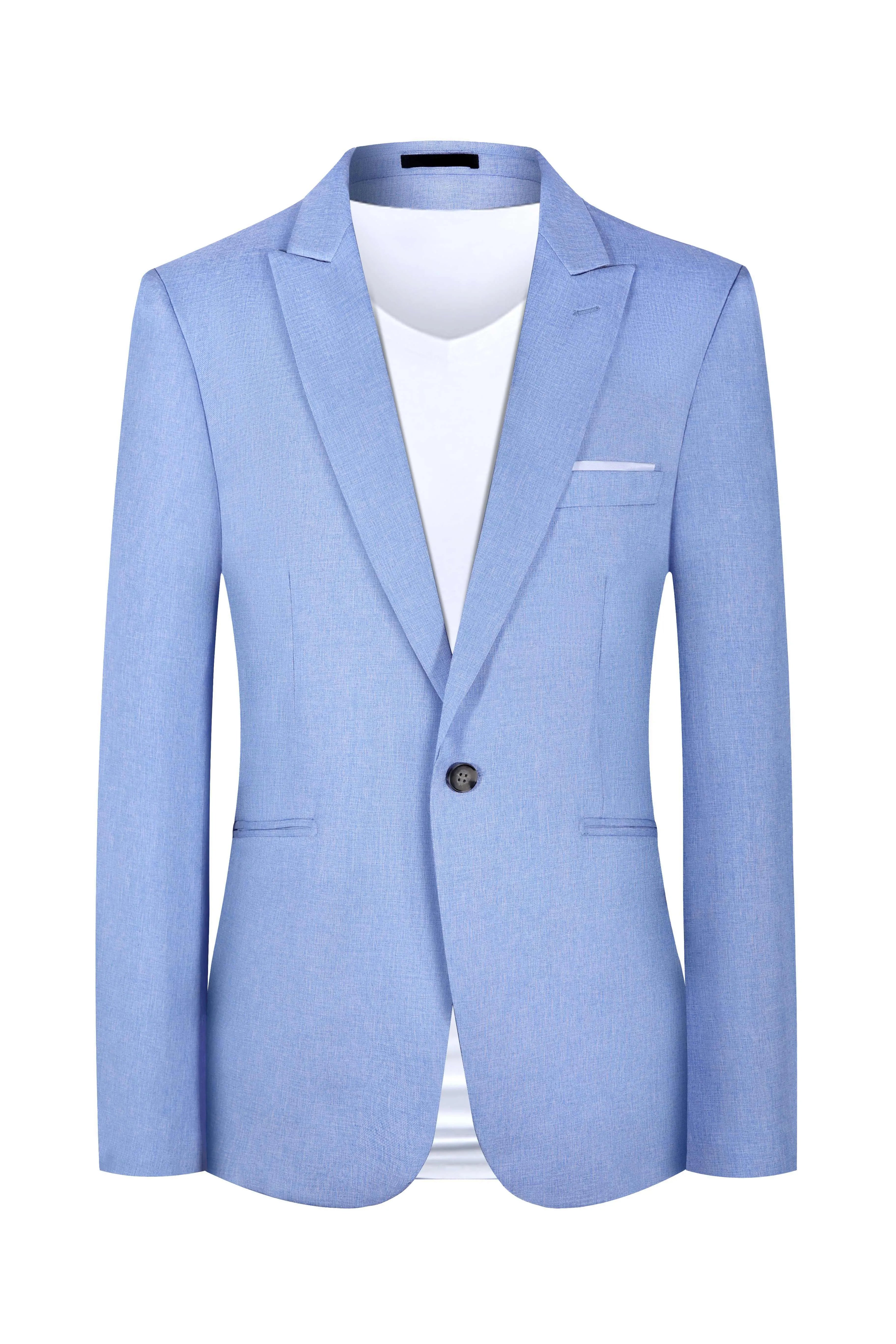 Men's light blue Western style suit jacket showing front view with Asian sizing options