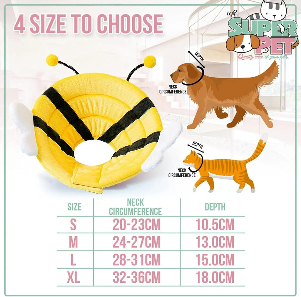Soft white cat cone collar with black bee design and yellow wings, showing Velcro strap for adjustment.