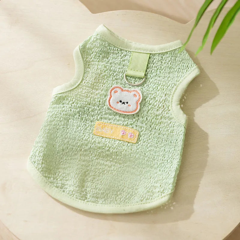 Green knitted cat clothes with hollowed-out design and cartoon bear patch decoration