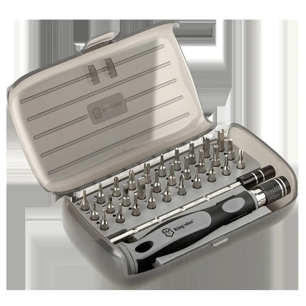32 in 1 screwdriver set with bits displayed in a box, showing PH1 bit and 50mm shaft.
