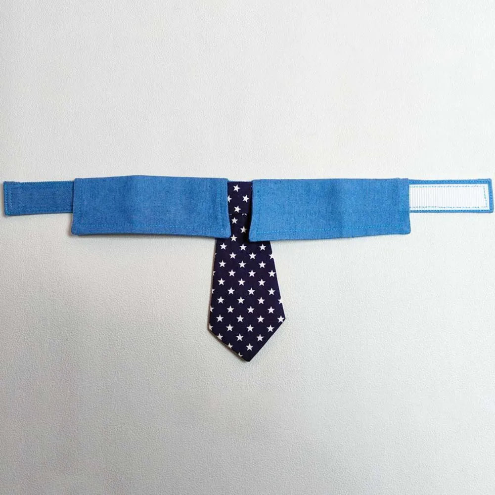 Denim dog collar with star pattern necktie adjustable for formal pet events