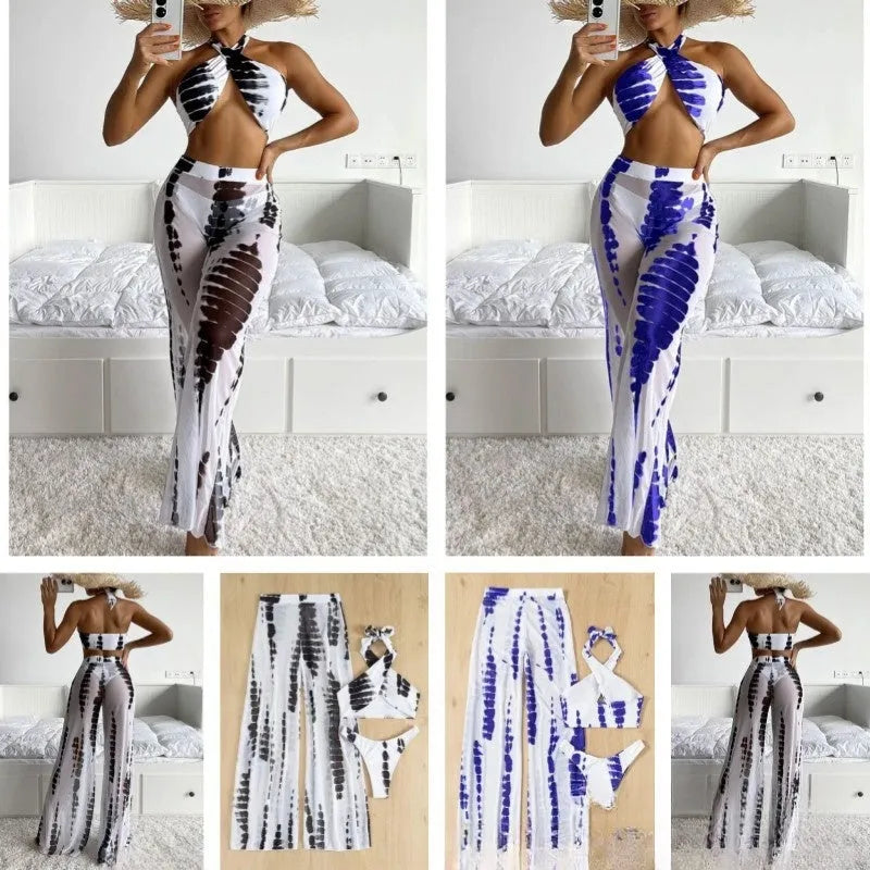 Women's three-piece bikini swimsuit with mesh trousers in black or blue printing design