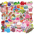 Pack of 50 colourful Candy series graffiti stickers with cartoon cute designs, each 4-6cm long.