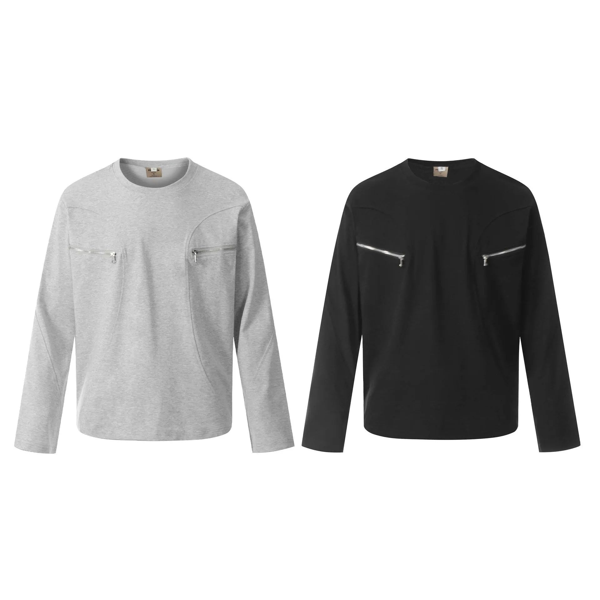 Man wearing a grey loose fit cotton long sleeve pullover with a simple retro design.