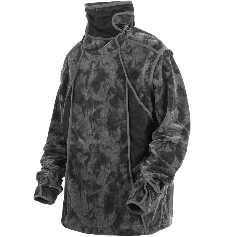 Men's black tie-dye printed pullover sweater with turtleneck collar and drop-shoulder sleeves