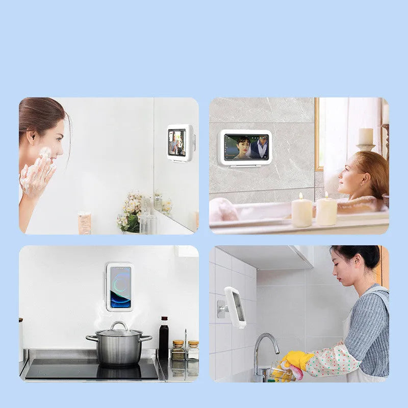 Waterproof phone holder case mounted on bathroom tile with phone visible through anti-fog window