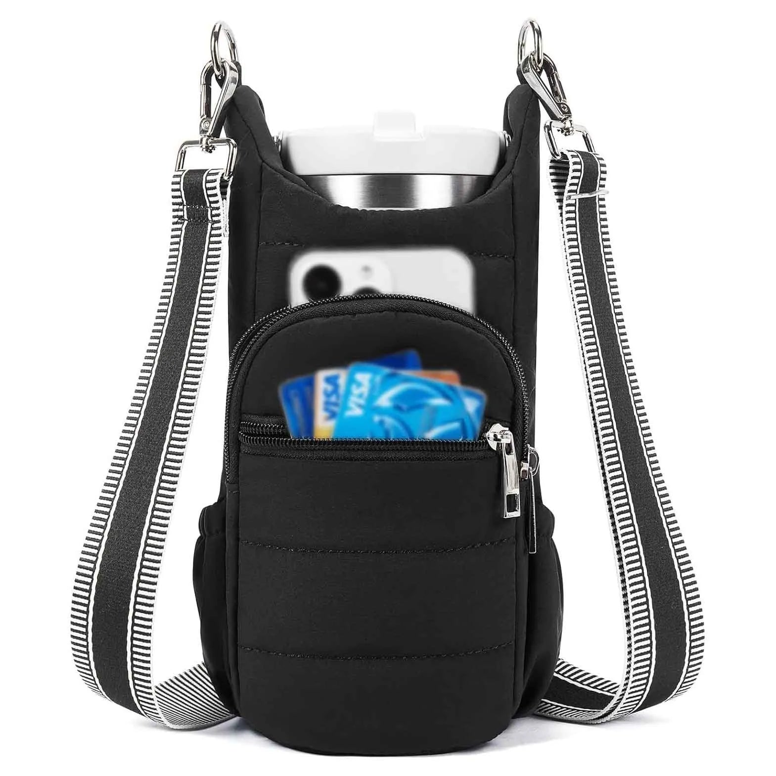 Cloth bicycle water bottle bag in modern simplicity style shown in black, pink, and beige colour options