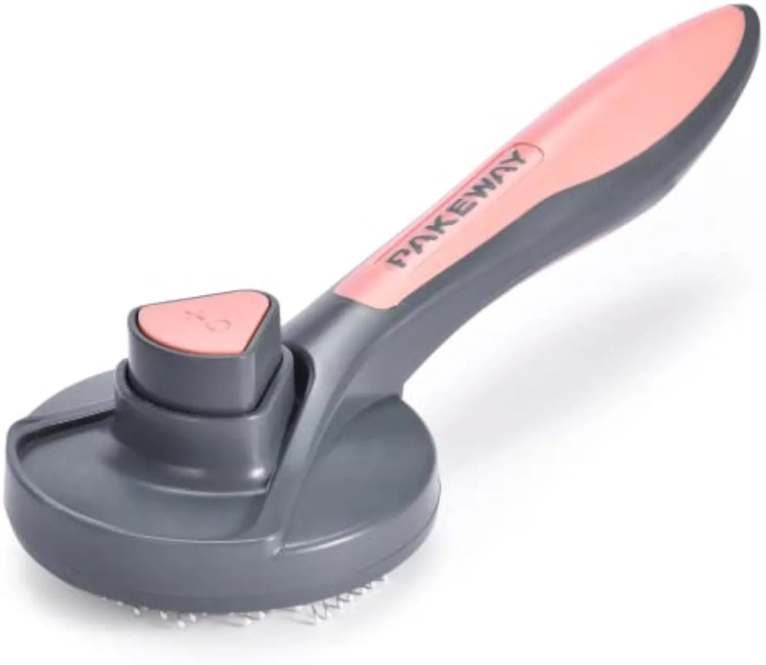 Grey self-cleaning pet slicker brush with massage-tipped bristles and a comfort-grip handle on a white background.