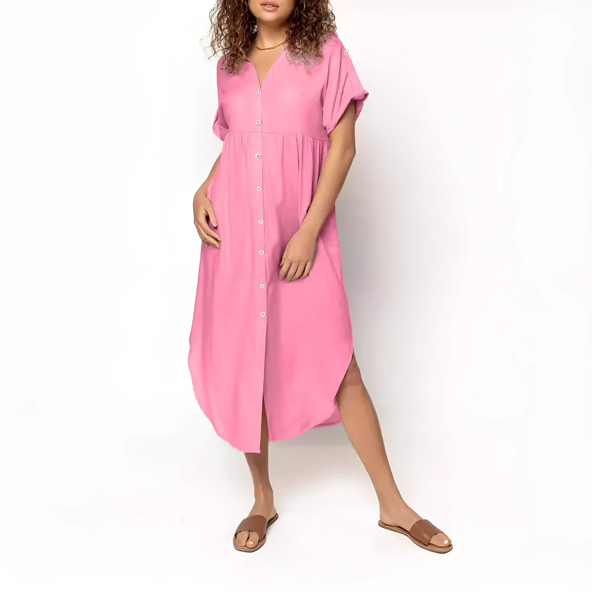 Loose casual mid-length dress with button-front design in solid colours