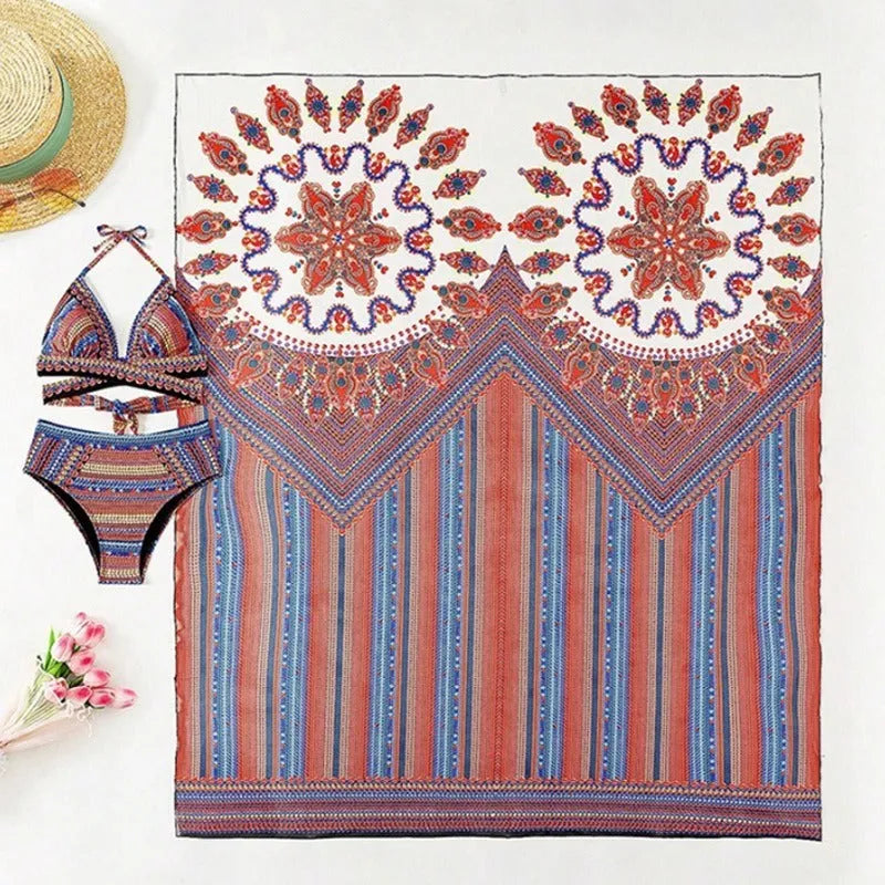 Women's three-piece swimsuit set with high-waisted briefs, cutout sleeveless top, and cover-up coat