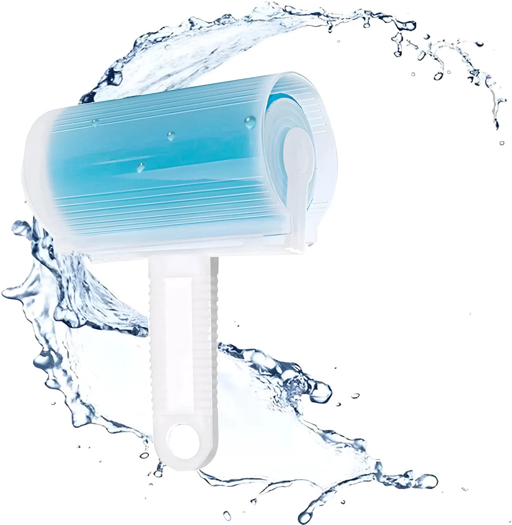 Blue reusable washable sticky lint roller with protective cover for removing pet hair.