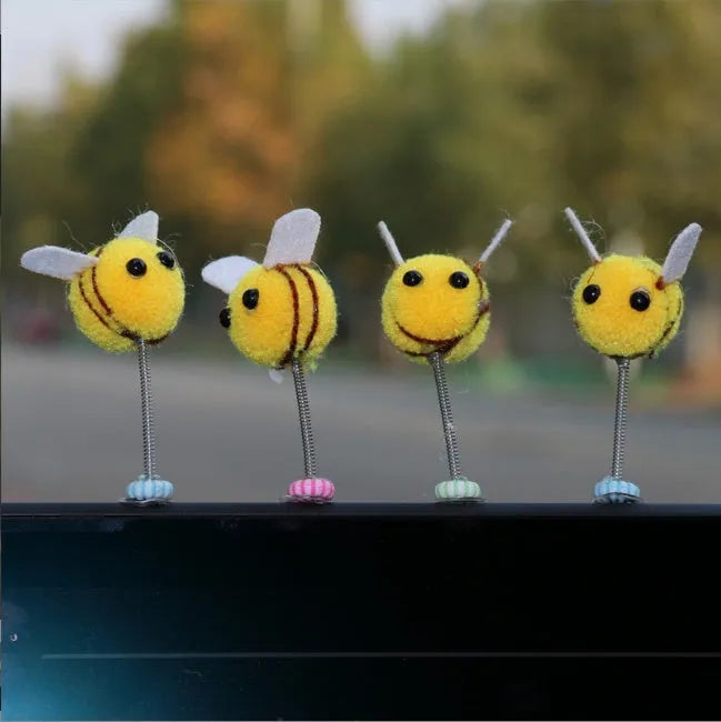 Cartoon bee car decoration with fur ball material and swing spring, 3cm size