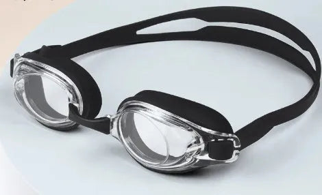 Black myopia swimming goggles with a silicone strap next to a hard protective storage case.