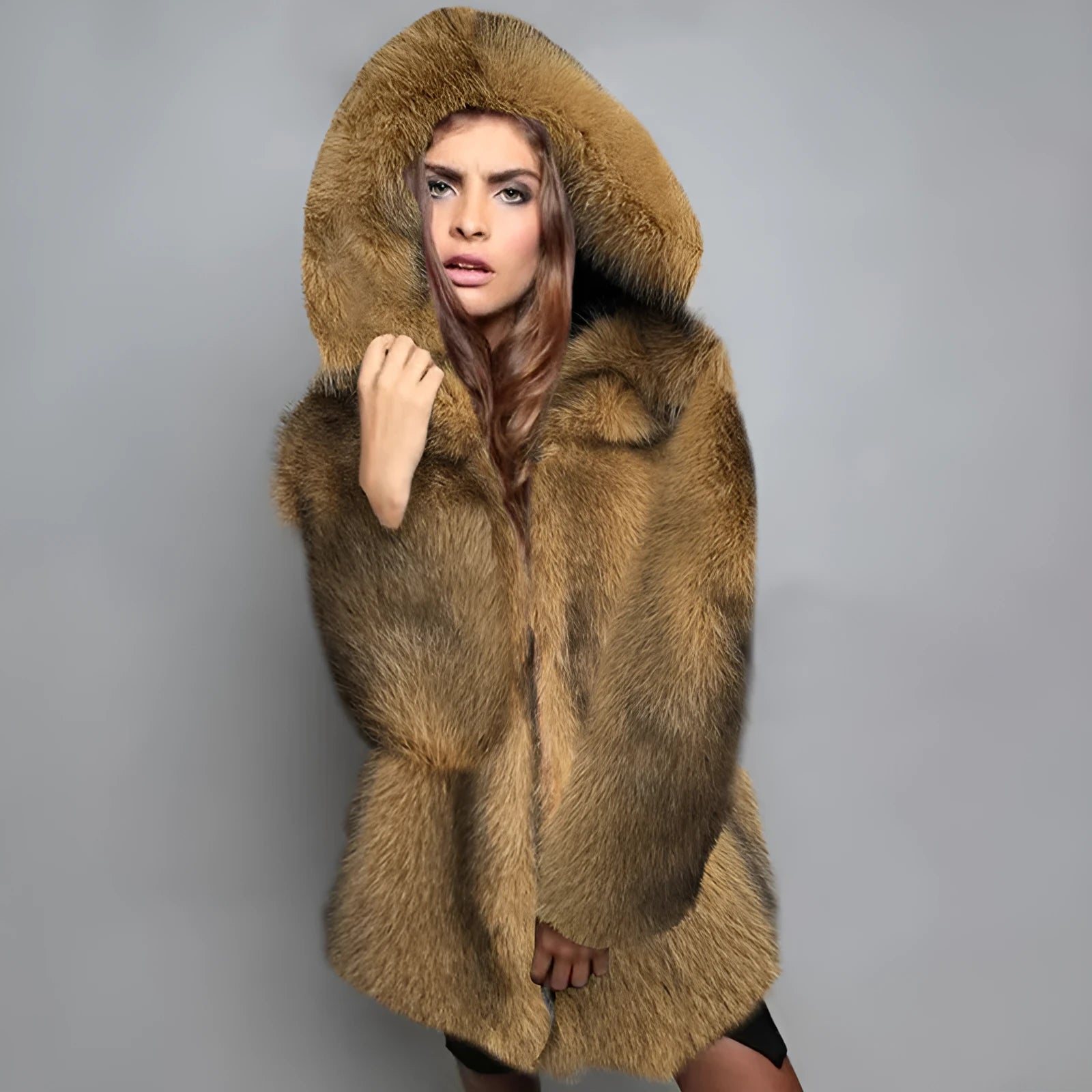 Women's silver grey artificial fur coat with loose fit and mid-length design