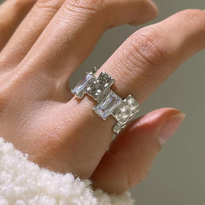 Silver geometric open ring with cross zircon design and retro pastoral styling
