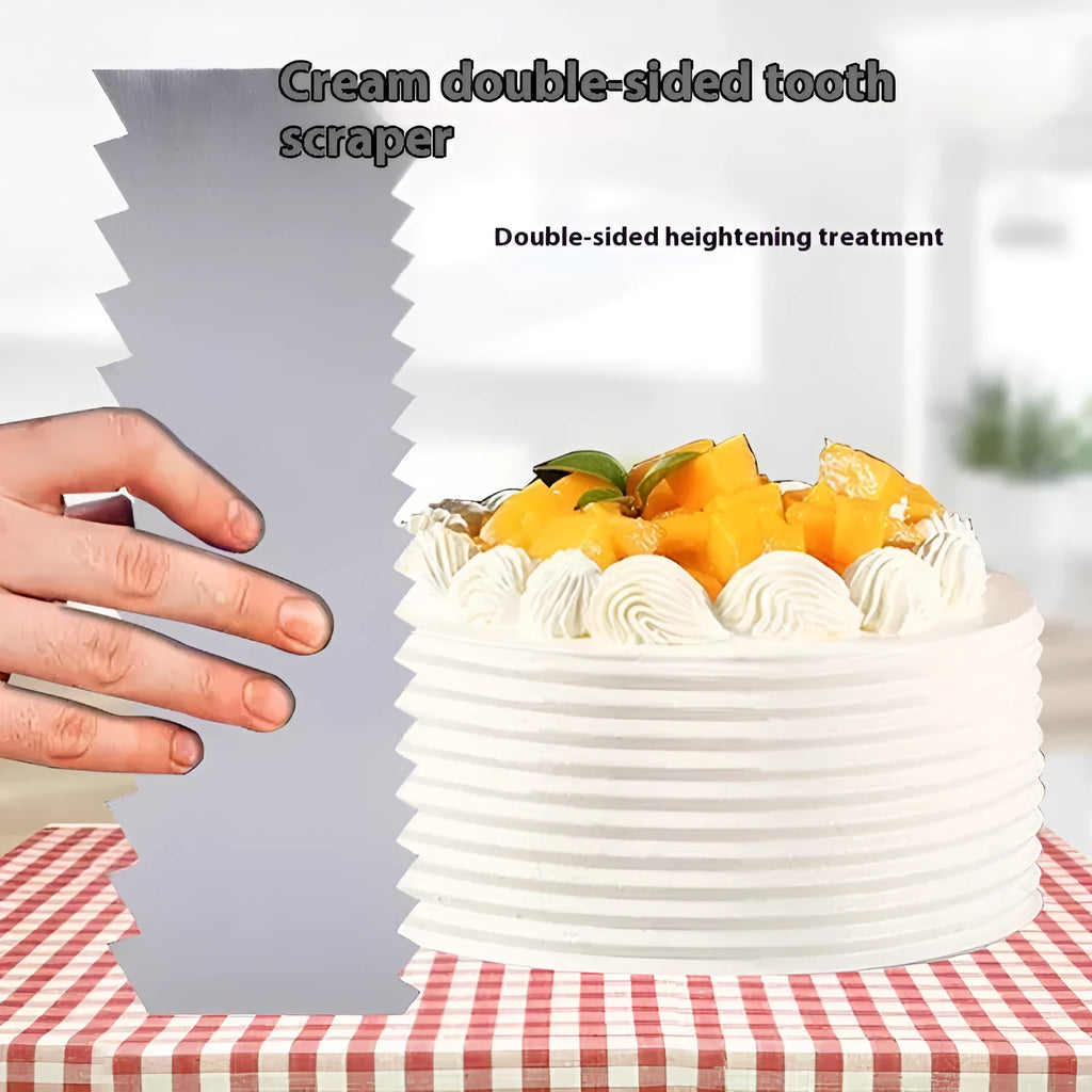 Set of six stainless steel cake scrapers with polygon patterns for professional cake decorating