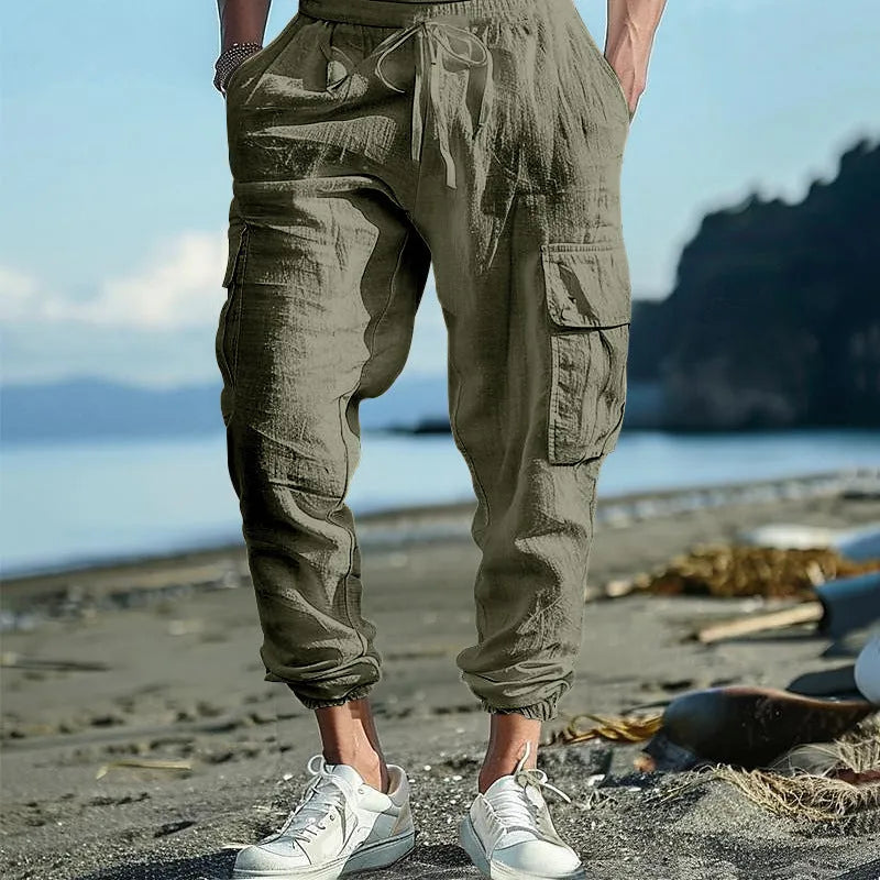Men's ankle-tied casual trousers in linen fabric with multi-pocket design and drawstring waist