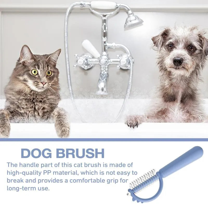 Blue dinosaur-shaped self-cleaning cat brush with stainless steel bristles on a white background.