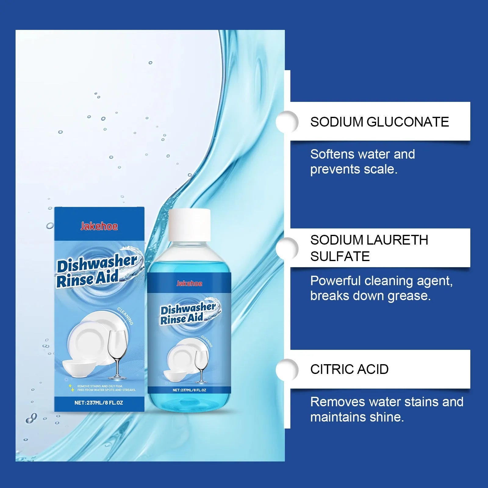 237mL dishwasher detergent aid bottle for kitchenware stain removal and oil cleaning