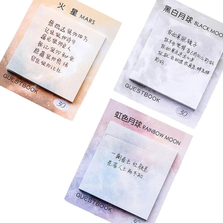 Square planet oil painting sticky notes notepad showing 7.3cm size and cover colour options.