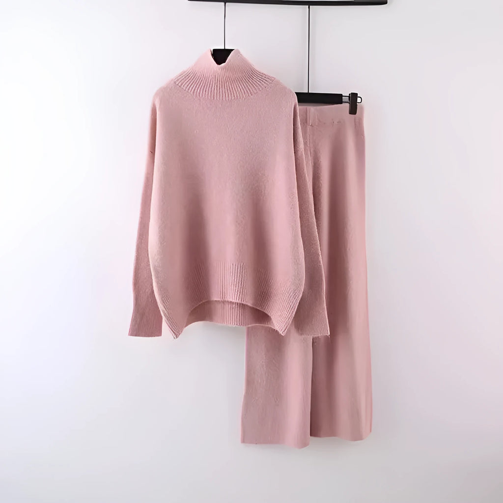 Women's casual two-piece set with long-sleeve sweater and wide-leg trousers in solid colour