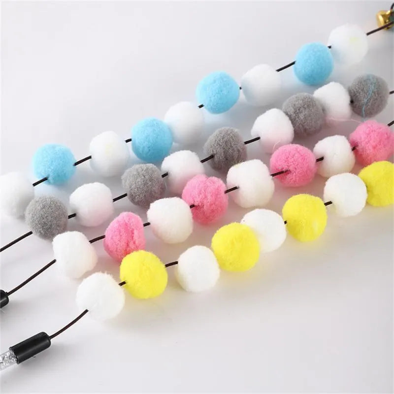 31cm long cat teaser toy rod with colourful pompon feather head and bell