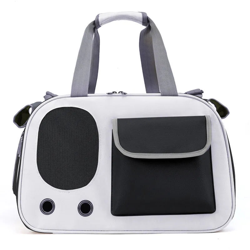 Yellow foldable canvas pet carrier backpack shown from the side.