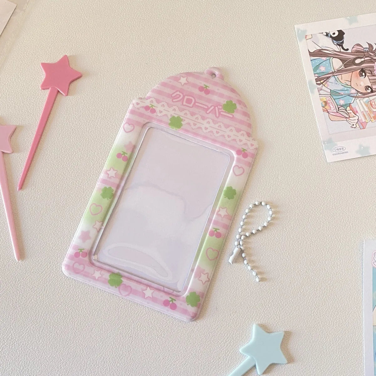 Cartoon strawberry design clear PVC card holder for 3-inch ID badges and passes.