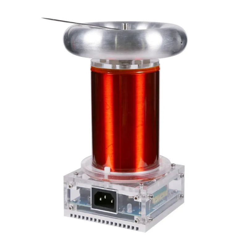 Music Tesla coil driver board with controller and cables on a workspace, showing arc discharge diagram.