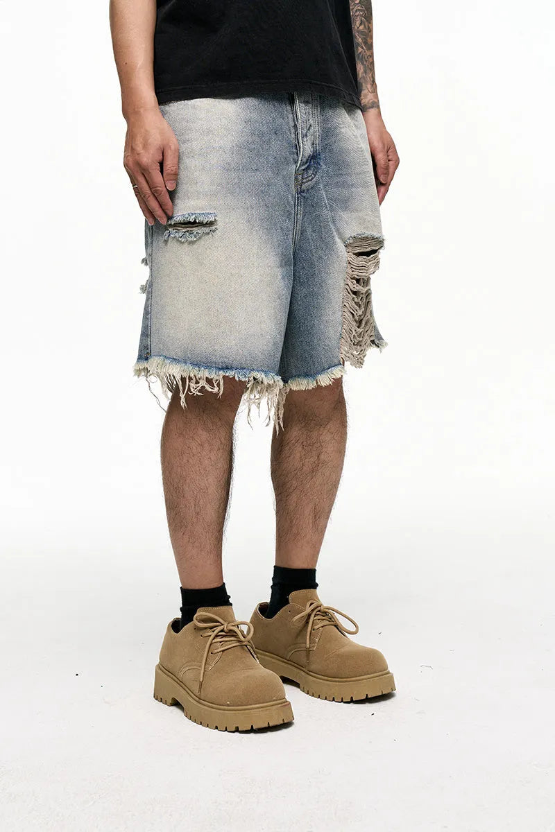 Light blue retro washed denim shorts with wide leg baggy cut and fifth pants length