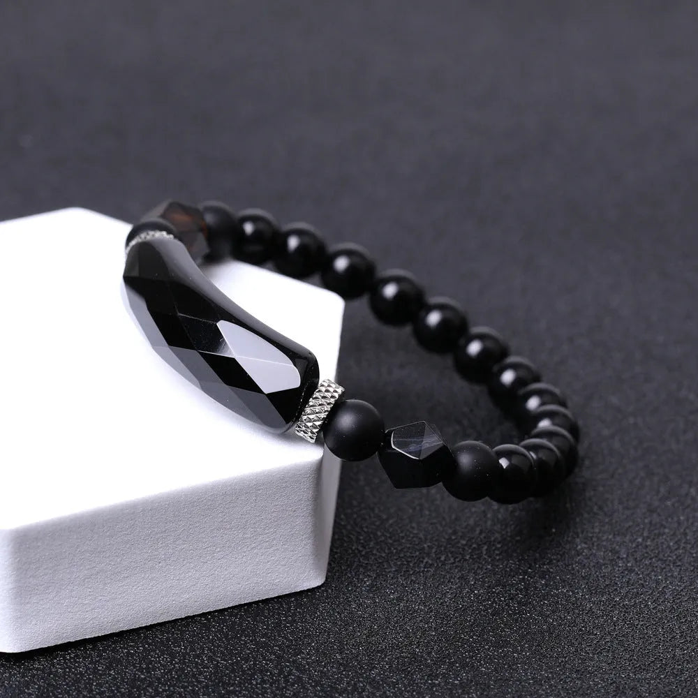 Handmade diamond cut geometric agate bracelet showing eight colour options including black and striped red